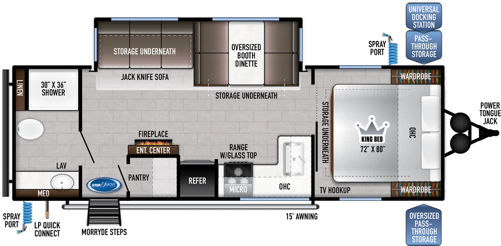 The 261RB has one slide out and one entry. Exterior features power tongue jack, front pass-thru storage with universal docking station, spray ports on both sides, 15 foot awning, LP quick connect, and MORryde Step Above steps. Interior layout front to back: foot-facing king bed with storage underneath, overhead cabinet, wardrobes on each side, and door side TV hookup; off-door side slideout with booth dinette with storage underneath, and jackknife sofa with storage underneath; kitchen counter with sink wraps along inner wall to door side with overhead cabinet, microwave, range with glass top, refrigerator, entertainment center with fireplace below, pantry, and entry; rear full bathroom with linen closet and medicine cabinet.